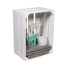 White Wooden Crate Display with homeware products inside