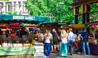 Market stall signs and stands