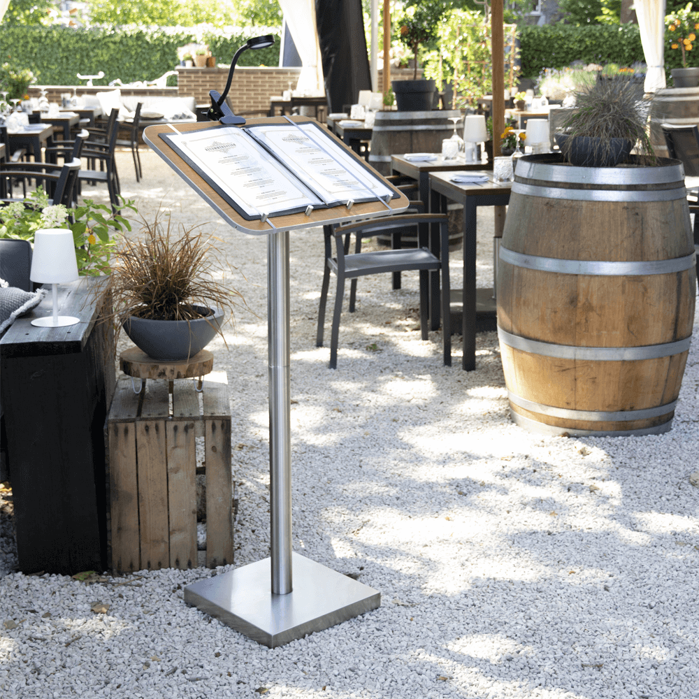 Wood and Steel Menu Stand