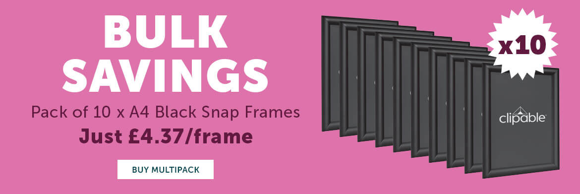 multipack of 10 black a4 snap frames